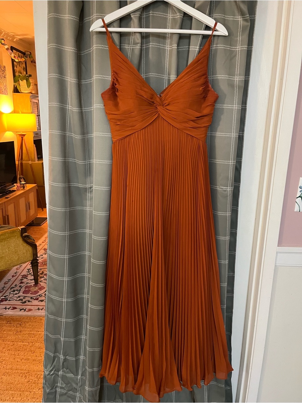 Azazie Rust Orange Pleated Midi Dress